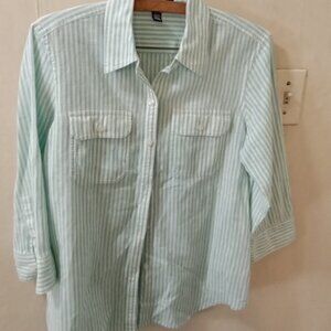 Chaps Sz M green white striped Linen Cotton Blend Blouse button up